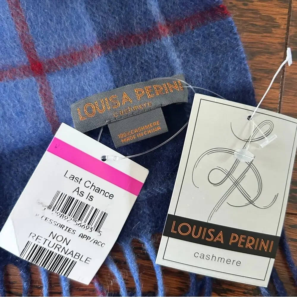 Louisa Perini Men's Fringed 100% Cashmere Scarf in Blue Tartan NWT